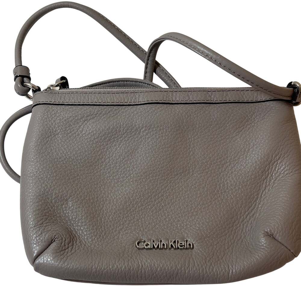 Calvin Klein Pebbled Faux Vegan Leather Crossbody Bag Gray/Taupe Metal Logo